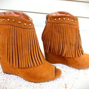 Adriana New York Cognac Suede Fringe Peep-Toe Wedge Booties